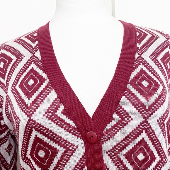 ELEMENTZ geometric print contrast trim button up acrylic knit cardigan sweater M - Picture 2 of 7